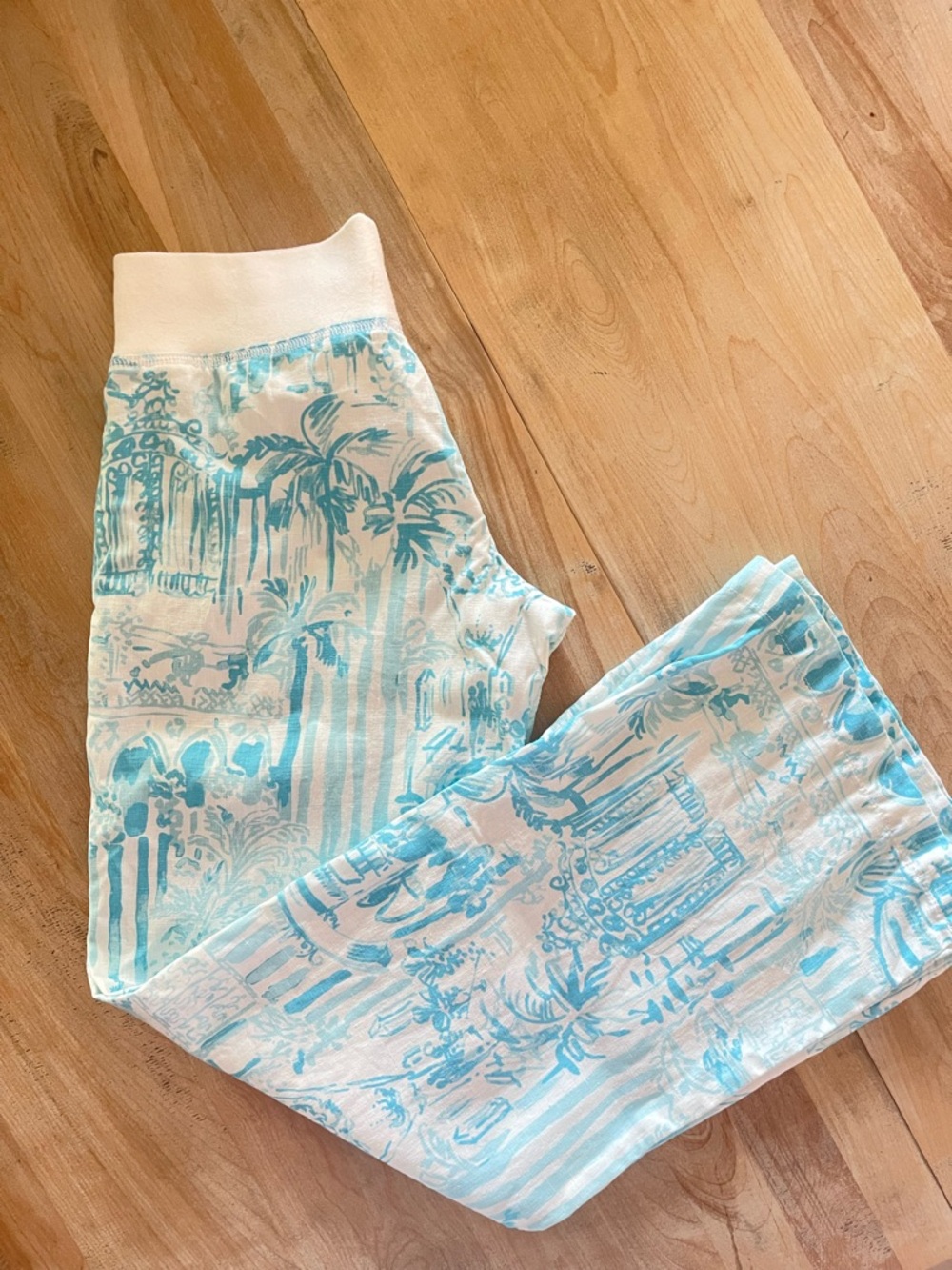 Lilly Pulitzer Beach Pants Small 33” Inseam Blue White palm Print Linen Sz Small - Picture 8 of 14